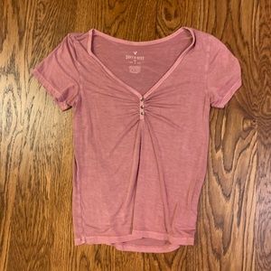 American Eagle Dusty Pink Half Button Up V-Neck